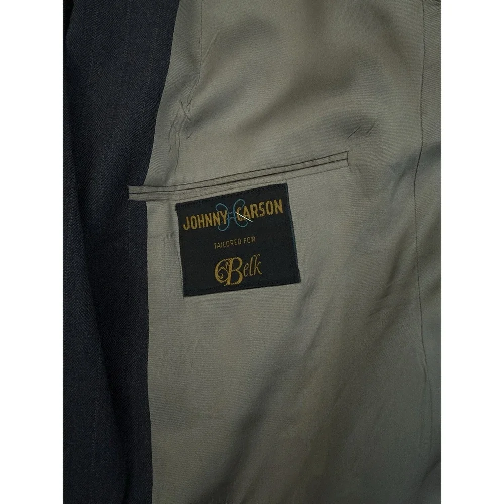 Vintage Johnny Carson Mens Blue Herringbone Blazer Jacket Two‎ Button Size 44L